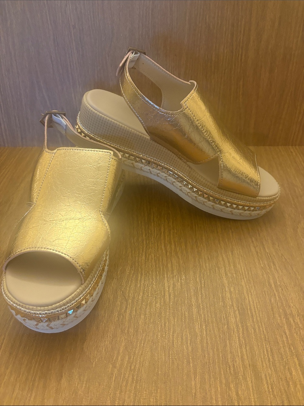 Metallic Gold Platform Espadrille Sandals - Women's Open-Toe Wedge